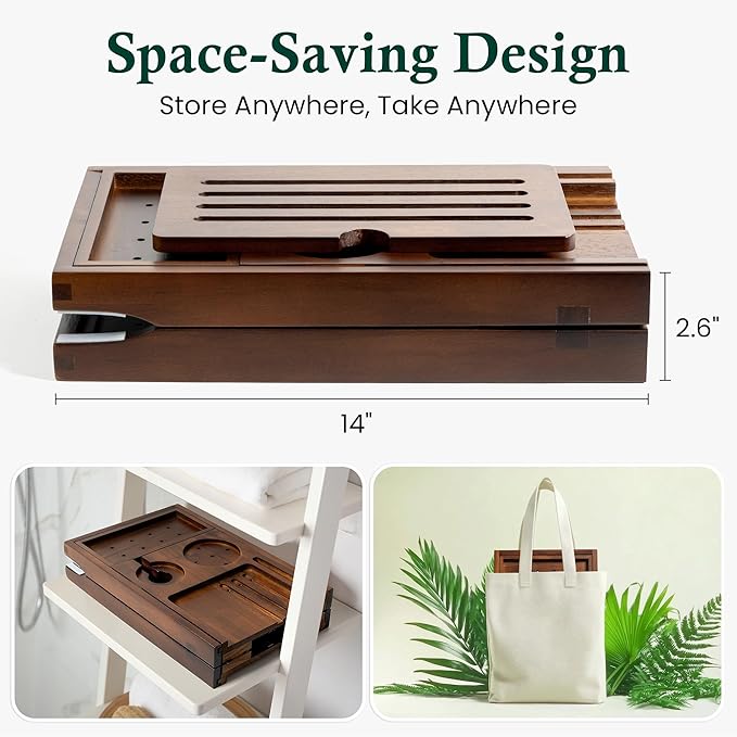 Teak Bathtub Tray, Bath Caddy with Wine Glass Holder, Phone Dock & Book Stand | Hands-Free Reading & Ultimate Spa Relaxation Experience-Brown - Bloomnest