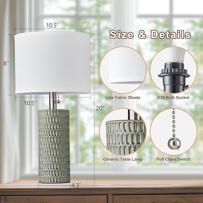 Table Lamps for Living Room Set of 2, Ceramic Table Lamps for Bedroom, 20" Modern Lamps for Night Stands, Green - Bloomnest