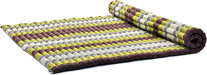 Leewadee - Foldable Floor Mattress - Japanese Roll Up Futon -Trifold Tatami Mat- Guest Floor Bed - Camping Mattress - Thai Massage Mat, Kapok Filled, 75 x 57 inches, Brown Green - Bloomnest