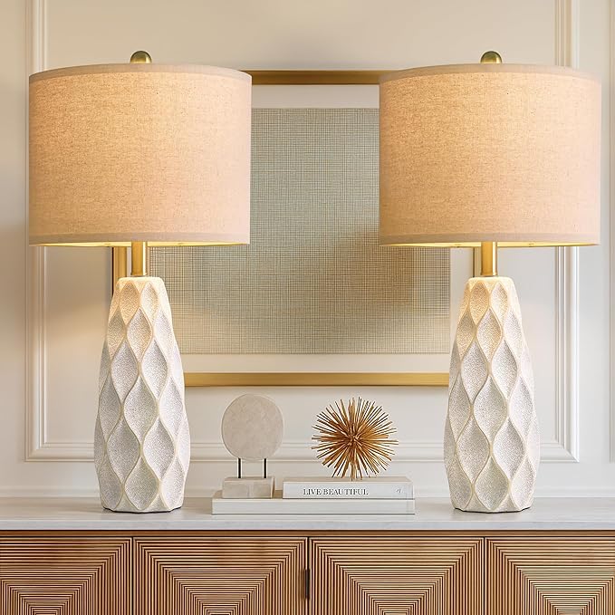 27.5" Ceramic Table Lamps for Living Room Bedroom Lamps Set of 2 Modern Boho Bedside Lamps Night Stands Farmhouse Vintage Large Nightstand Lamp Reading Light Home Office Dorm Desk Deco Gifts, White - Bloomnest
