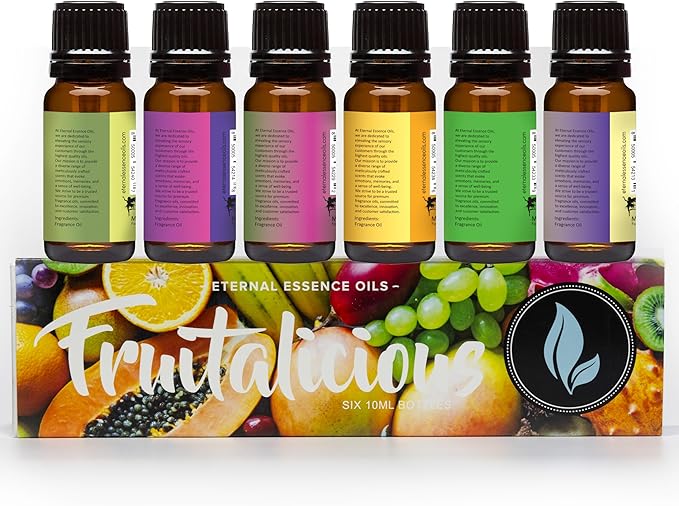 Eternal Essence Oils Fruitalicious Set of 6 Premium Fragrance Oils - Violet Sugar, Kiwi Watermelon, Orange Chiffon Cake, Cucumber Melon, Portuguese Pomelo, and Dragon Fruit Berry Scented Oils - 10ML - Bloomnest