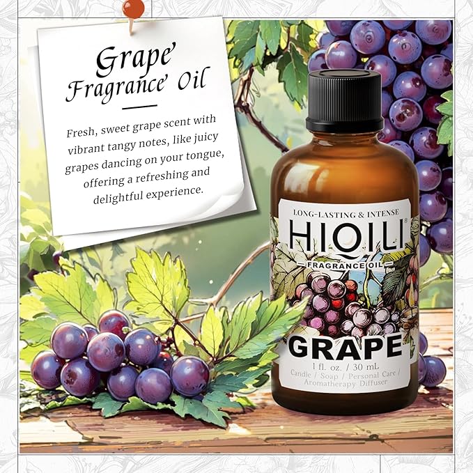 HIQILI Grape Fragrance Oil for Diffuser & Oil Burner, Fruity Scents for Making Candles, Hand Soap, Air Freshener, Long Lasting - 1 Fl Oz HIQILI
