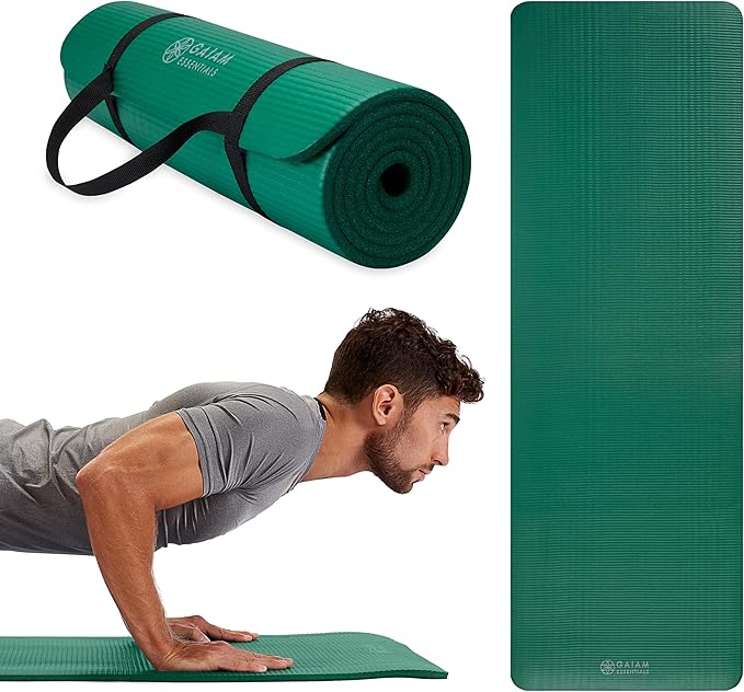 Gaiam Essentials Thick 2/5" (10mm) and Thin 1/4" (6mm) Yoga & Pilates, Fitness & Exercise Mat with Easy-Cinch Carrier Strap - Bloomnest