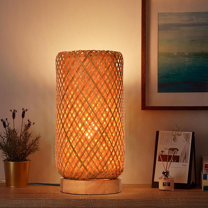 Arturesthome Bamboo Desk Light Woven Boho Beside Lamp Vintage Wicker Wooden Nightstand Lamp for Living Room,Kids Room,Nursery Room Decor - Bloomnest