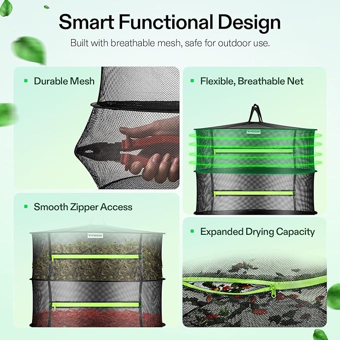 VIVOSUN 2-Layer Mesh Drying Rack Hanging Design with Green Zippers for Dehydrating, Indoor and Outdoor Pruning Shears Included - Bloomnest