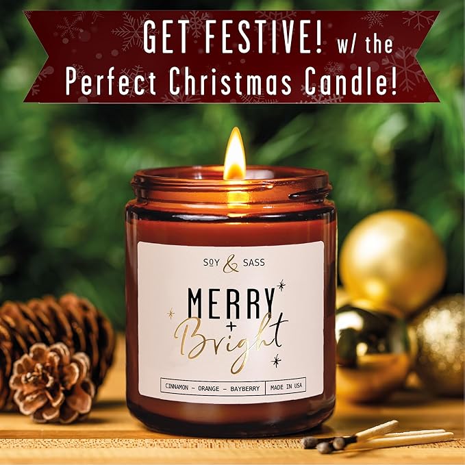 Christmas Candles Scented – ‘Merry & Bright’ Soy Christmas Candle, w/Cranberries, Cinnamon & Orange - Infused with Essential Oils I Holiday Candles I 9oz, 50Hr, Made in USA - Bloomnest