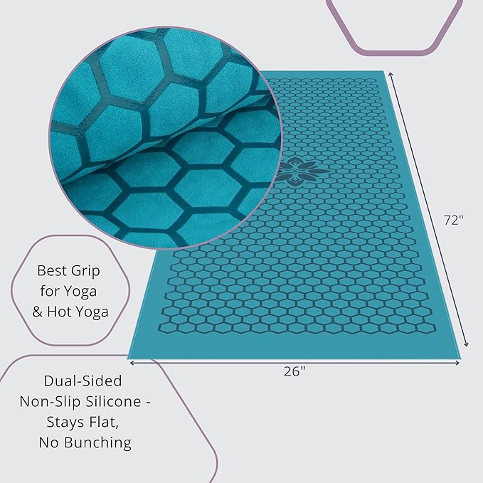 Clever Yoga Hot Yoga Mat Towel – Non-Slip Grip for Hot Yoga, Sweat Absorbent, Honeycomb Silicone Grip, Stays Flat – Ideal for Pilates, Travel, Washable & Lightweight - Turquoise