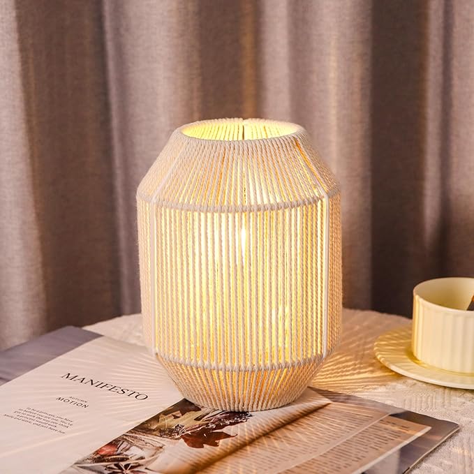 JHY DESIGN Woven Lampshade Table Lamp 8.5" H Cotton Rope Bedside Lamp Cordless Small Battery Operated Lamp Decorative Bedside Lamp with 6 Hours Timer for Bedroom Living Room Weddings Parties Patio - Bloomnest