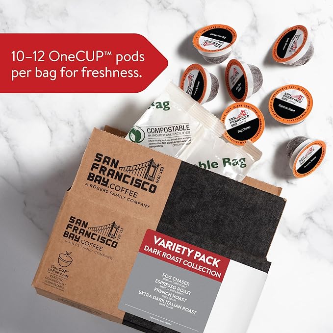 San Francisco Bay Coffee - Dark Roast Variety Pack (40 ct) - Fog Chaser, Espresso Roast, French Roast, & Extra Dark Italian - Single Serve Coffee Pods, Commercially Compostable, K Cup Compatible - Bloomnest
