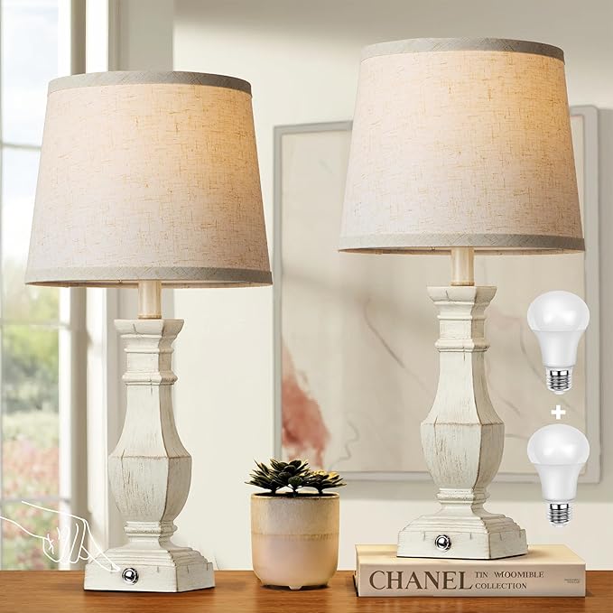 ROTTOGOON Dimmable Table Lamps Set of 2, Rustic Farmhouse Table Lamps for Living Room Bedroom, Bedside Desk Lamps for End Tables, Touch Lamps for Nightstand, 9W Bulbs Included, 22", Antique White - Bloomnest