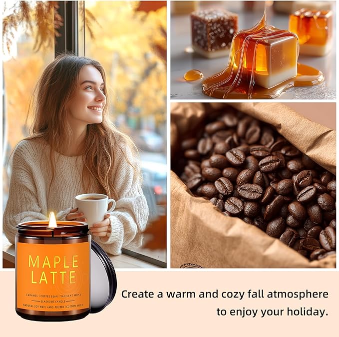 Fall Scented Candles Maple Latte 7oz – Sweet Maple Syrup & Creamy Coffee Soy Wax Candle for Cozy Autumn Home Décor, Perfect Fall Gift for Coffee Lovers, 50 Hour Long Burn - Bloomnest