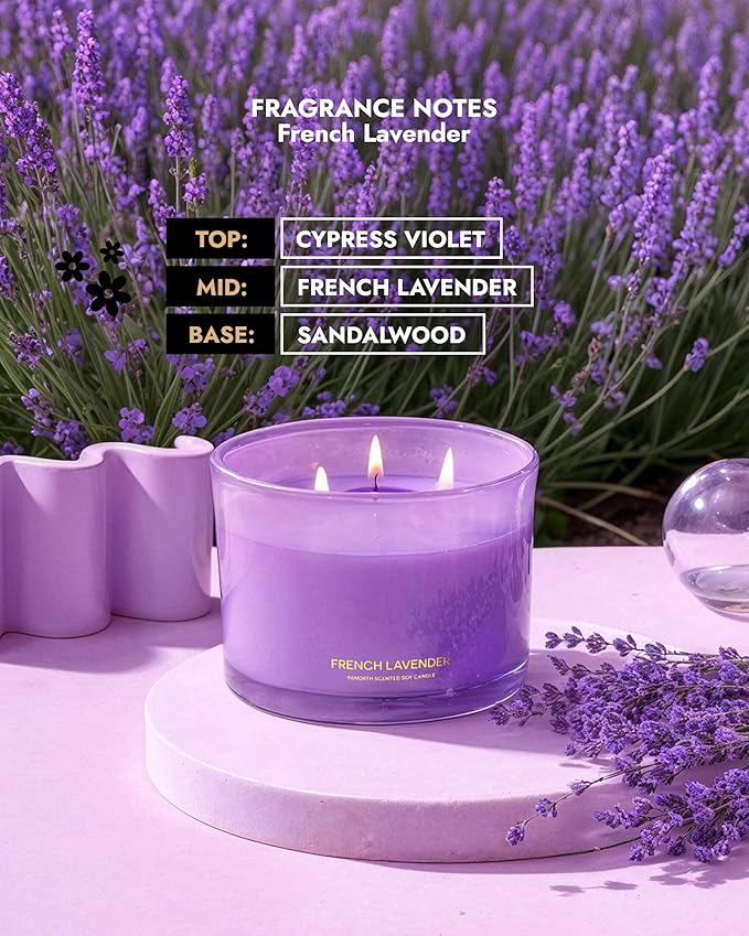 96NORTH Luxury Lavender Soy Candle | Large 3 Wick Jar Candle | Up to 50 Hours Burning Time | 100% Natural Soy Wax | Relaxing Aromatherapy Aesthetic Candle | Housewarming Gift for Women and Men - Bloomnest