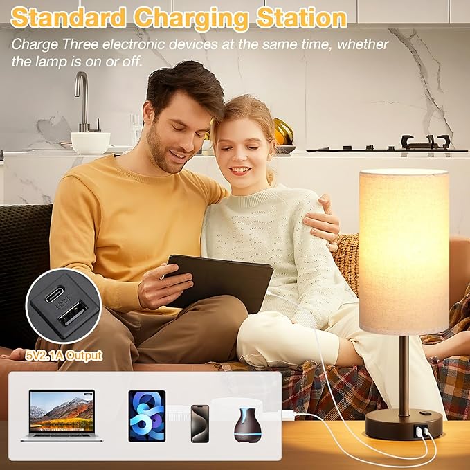 Touch Bedside Table Lamp with USB - 3 Way Dimmable Brown Lamp for Bedroom Nightstand, Desk Lamp with Charging Station for Dorm, Office, Kids Room, Living Room - Bloomnest