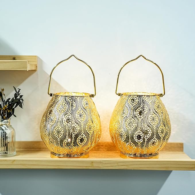 TRIROCKS Set of 2 Moroccan Decorative Lamps 8'' High Cordless Lamp Metal Table Lamps with Fairy Lights Bulb for Home Living Room Garden Yard Party Events Tabletop Indoor Outdoor(Gold) - Bloomnest