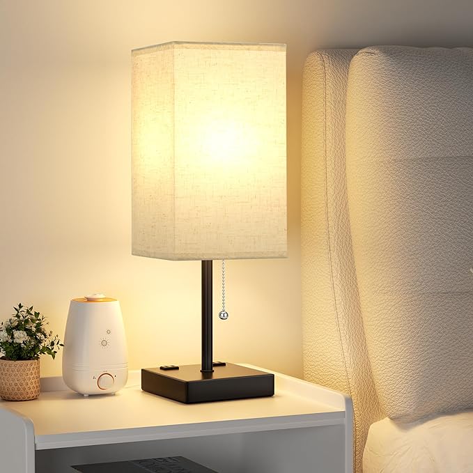 aooshine Beige Table Lamp for Bedroom - 3 Color Temperature 3000K 5000K 4000K Bedside Lamp, Pull Chain Control, USB A and C Ports, AC Outlets, Bulb Included, Medium - Bloomnest