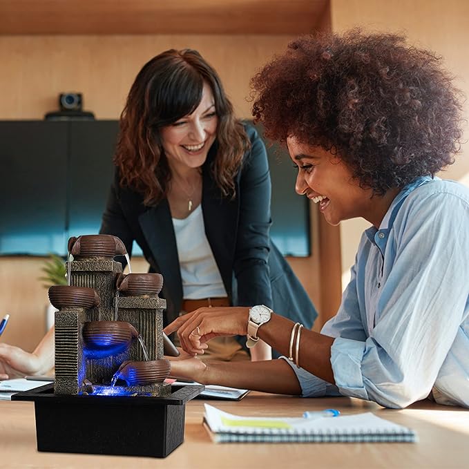 Indoor Fountains and Waterfalls from 5-Tiered Pots-12”H Tabletop Water Fountain-Desk Fountain-Office Decor with Audible Calming Waterfall Sounds-Zen Fountain with Color Lights - Bloomnest