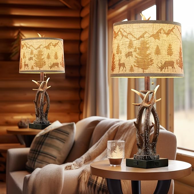 Farmhouse Deer Antler Table Lamps Set of 2 Rustic Western Bedside Lamp with USB A+C & Outlet for Log Cabin Bedroom Hunting Themed Living Room End Table Country Home decor,Deer Print Linen Fabric Shade - Bloomnest