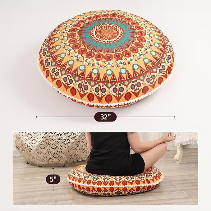 32 inches Meditation Floor Cushion for Adults, 2 Pack Round Large Thick Floor Pillow, Memory Foam Filling, Orange
