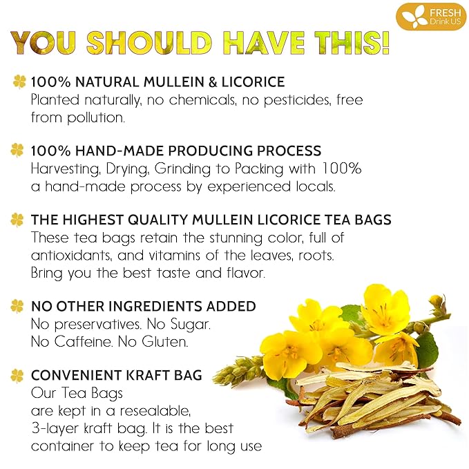 FreshDrinkUS, Premium 55 Mullein Licorice Tea Bags, 100% Natural, Blend of Mullein Leaves, and Licorice Root. Made with Natural Material Tea Bags. No Sugar, Vegan. - Bloomnest