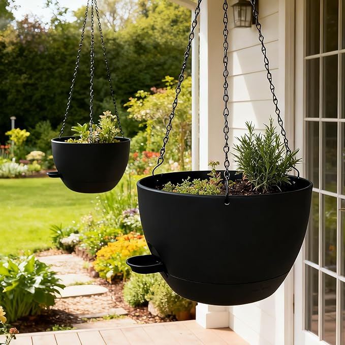 WOUSIWER Self Watering Hanging Planters, 2 Pack 12'' Plastic Pots with Drainage Holes & Reservoir Tray (Black) | Indoor & Outdoor Use for Ferns, Ivy, Herbs, Succulents - Bloomnest