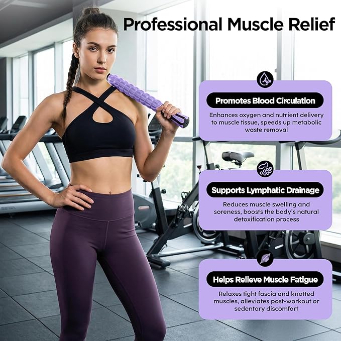 Muscle Roller & Massage Roller Stick for Athletes - Lymphatic Drainage Support, Relieves Muscle Soreness, Cramping & Tightness - Targets Legs, Arms, Back & Calves （Purple - 18inch） - Bloomnest