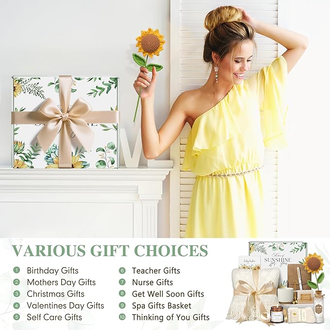 Gifts for Women, Best Friend Birthday Gifts, Get Well Soon Self Care Package Box, Sending Sunshine Sunflower Basket, Thinking of You Inspirational Christmas Gifts for Mom Her Sister Wife - Bloomnest