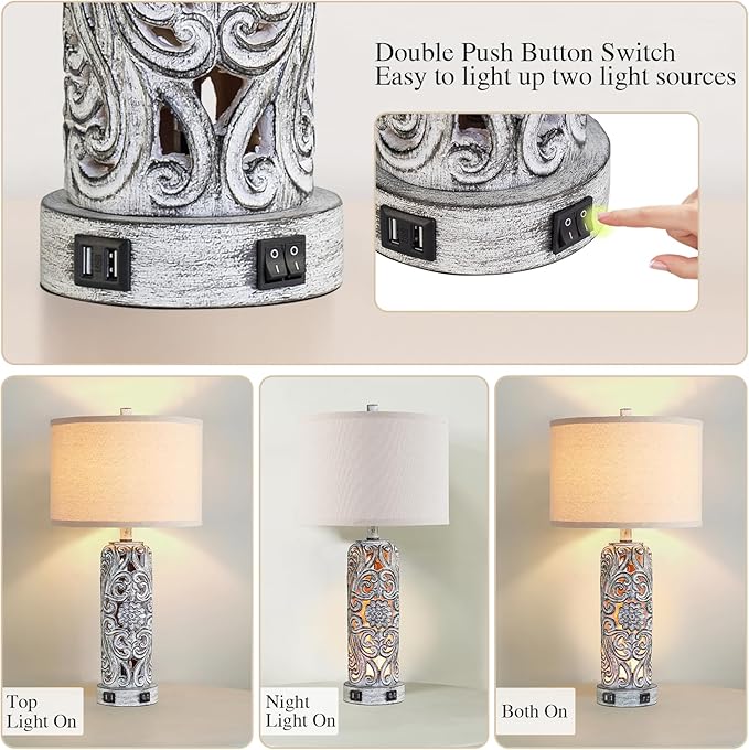 25'' Set of 2 Farmhouse Table Lamps with 2 USB Ports for Living Room Bedroom, Rustic Vintage Table Lamp with Nightlight, Earthy Yellow Hollow Out Resin Lamp for End Table, 2 Bulbs Included - Bloomnest
