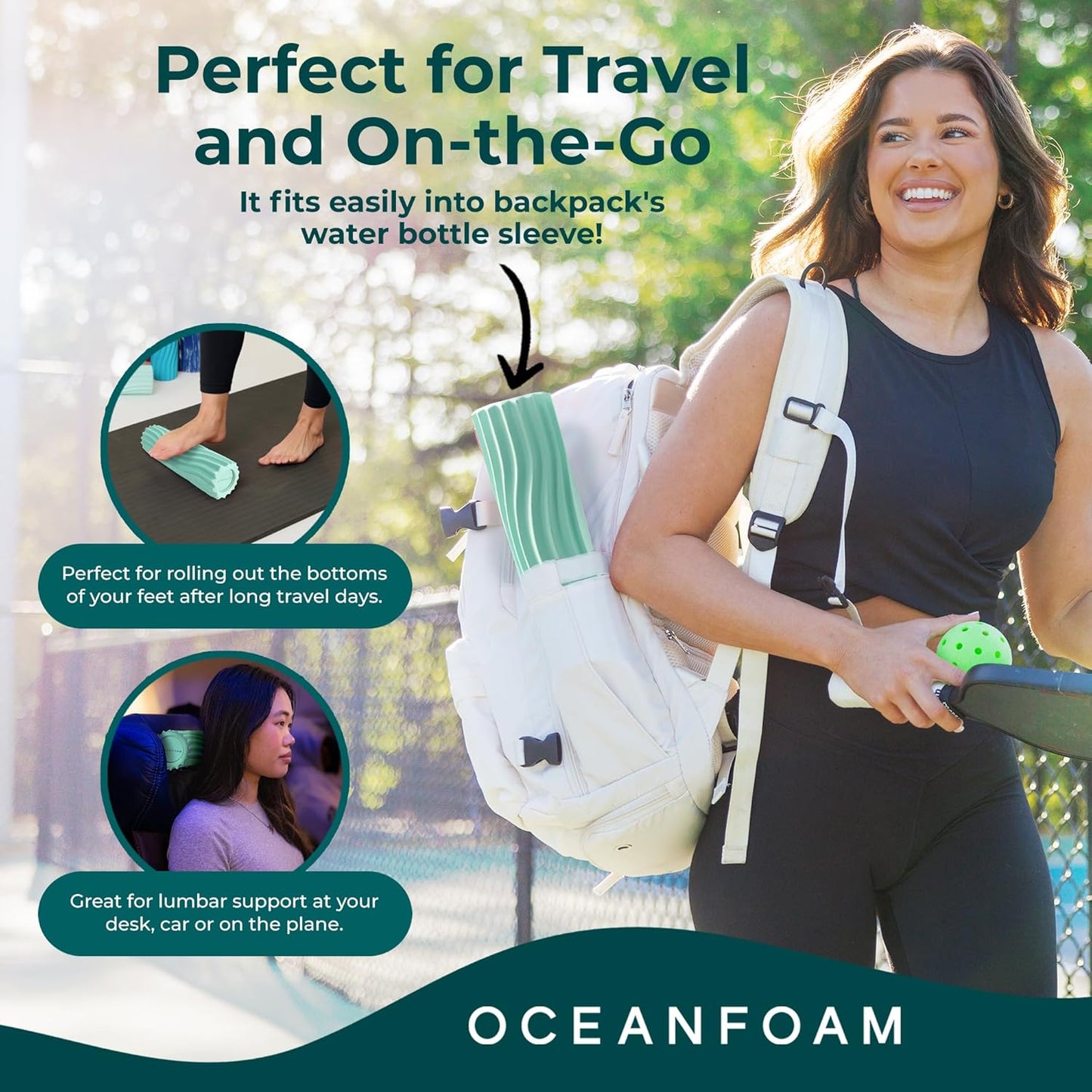 Oceanfoam Ripple Travel Foam Roller (11" x 3.35") Firm Mini Foam Roller for Physical Therapy, Deep Tissue Massage, Back Pain - High Density, Ergonomic Wave Textured - Yoga, Pilates, Exercise (Seafoam)