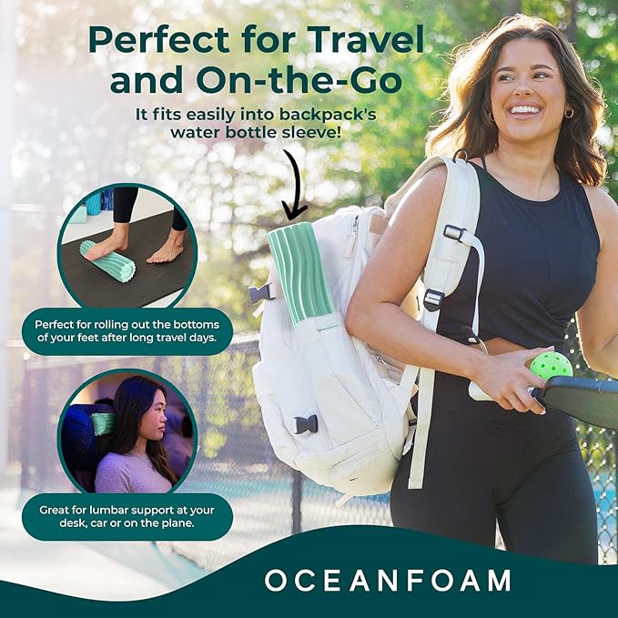 Oceanfoam Ripple Travel Foam Roller (11" x 3.35") Firm Mini Foam Roller for Physical Therapy, Deep Tissue Massage, Back Pain - High Density, Ergonomic Wave Textured - Yoga, Pilates, Exercise (Seafoam) - Bloomnest