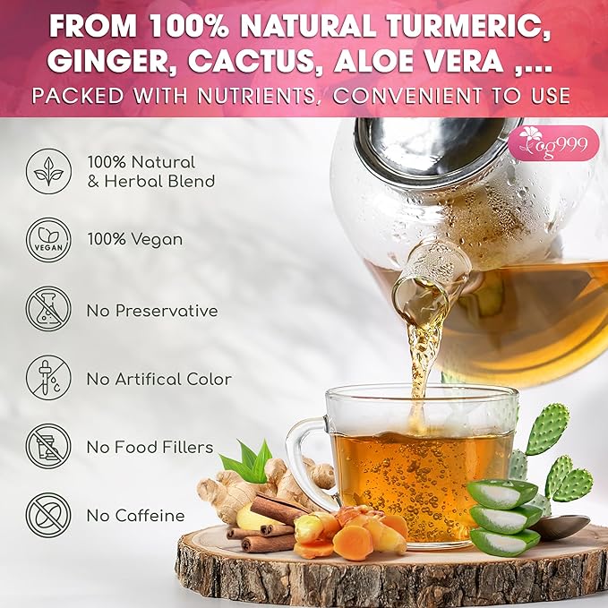 TOG999, Premium Blood and Sugar Balance Tea | 300gr - 10.5oz | 100% Natural Turmeric, Ginger, Cactus Nopal, Aloe Vera, Bay Leaf, Cinnamon & Hibiscus - Loose Powder Herbal Blend – Caffeine-Free Tea