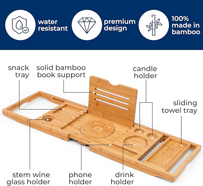 SereneLife Premium Foldable Bathtub Tray with Gift Box and Bow Set, Expandable Bath Tray, Unique House Warming Gifts, for Mom, Women, New Home, Wedding, Anniversary, Bridal Shower, Fit for All Tub - Bloomnest