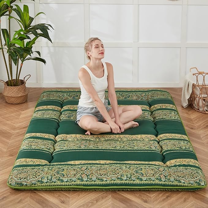 Japanese Floor Mattress, Futon Mattress with Portable Storage Bag and Washable Cover, Roll Up Thick Tatami Mat Suitable for Camping, Guest Room (Bohemian Green, Twin) - Bloomnest