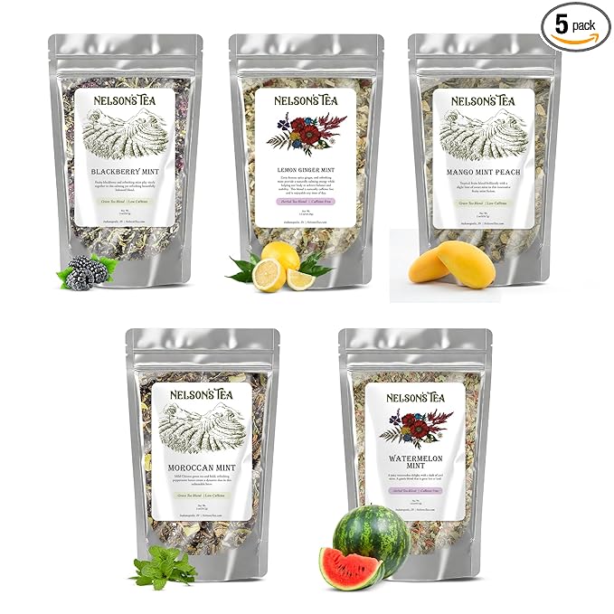 Nelson's Tea Mint Sampler Pack - 5 Variety Pack - Loose Leaf Tea Sampler - BlackberryMint 2oz, Lemon Ginger Mint 1.6 oz, MangoMint Peach 2oz, MoroccanMint 2Oz, WatermelonMint 1.6oz - Bloomnest