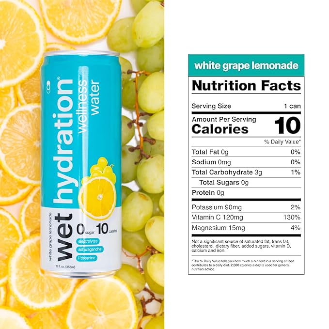 Wet Hydration Wellness Water | Electrolyte Drink with Ashwagandha & L-Theanine – White Grape Lemonade (12oz Cans, Pack of 12) | Zero Sugar, 10 Calories, Zero Bubbles, Functional Hydration - Bloomnest