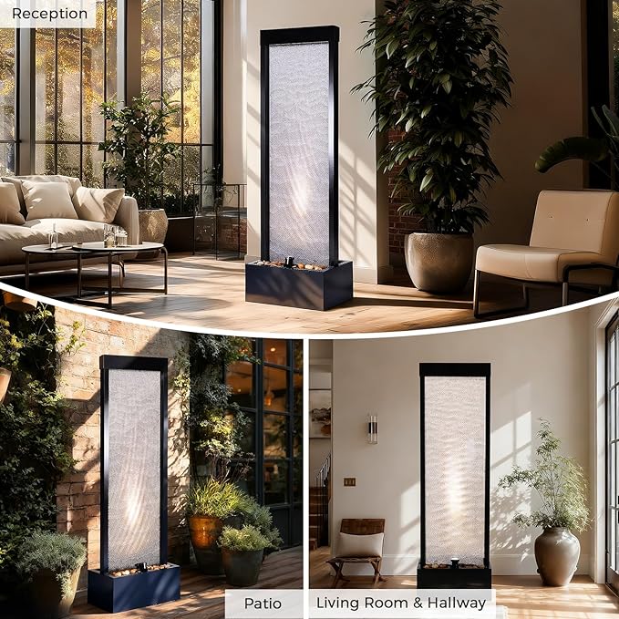 Mesh Panel Waterfall Fountain, Large Indoor Water Feature with Stones & LED Light, 64" Floor Standing Water Wall for Home Decor, Living Room, Patio, Outdoor Garden - Bloomnest