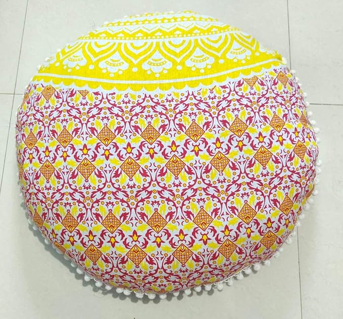 24" Yellow Orange Ombre Mandala Barmeri Large Floor Pillow Cover Cushion Meditation Seating Ottoman Throw Cover Hippie Decorative Zipped Bohemian Pouf Ottoman Pom Pom Cases 24 " round - Bloomnest