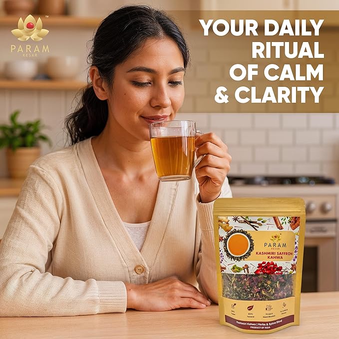 Param Kesar Organic Saffron Cardamom Cinnamon Herbal Green Tea | Detox & Digestive Support | Aromatic Indian Spice Blend with Rose & Licorice | 100g Loose Leaf Tea - Bloomnest