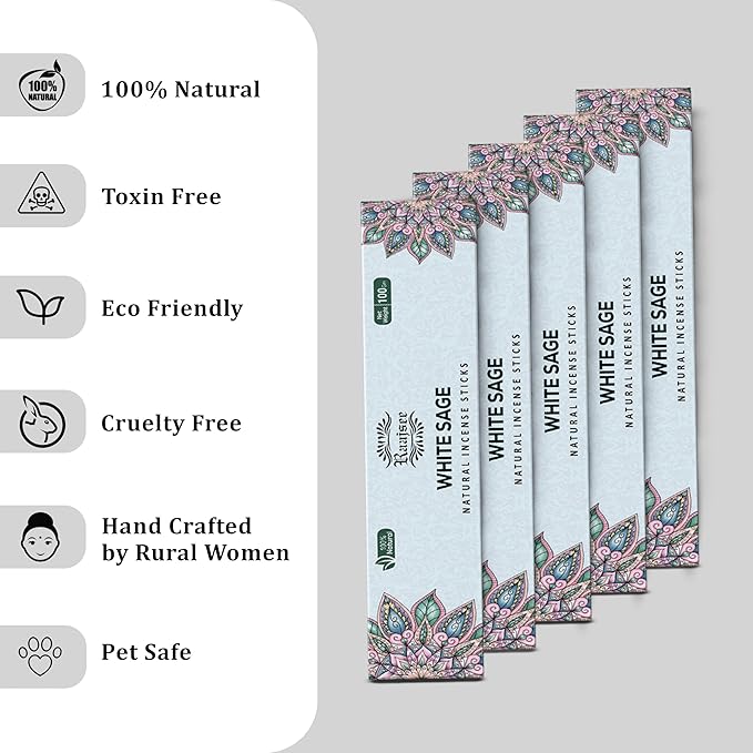 Raajsee White Sage Incense Sticks (180 gm), 100% Pure Organic Natural Hand Rolled Free from Chemicals - Perfect for Aromatherapy, Cleansing, Meditation, and Church (Pack of 12) - Bloomnest