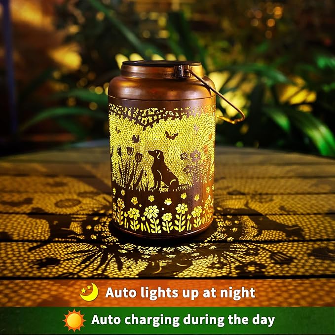 Solar Lanterns Outdoor Waterproof Garden Decor Dog Solar Lights Gifts for Women Men Mom Hanging Lantern LED Light Metal Dog Decoration Outside for Yard,Lawn,Porch,Patio,Tabletop - Bloomnest