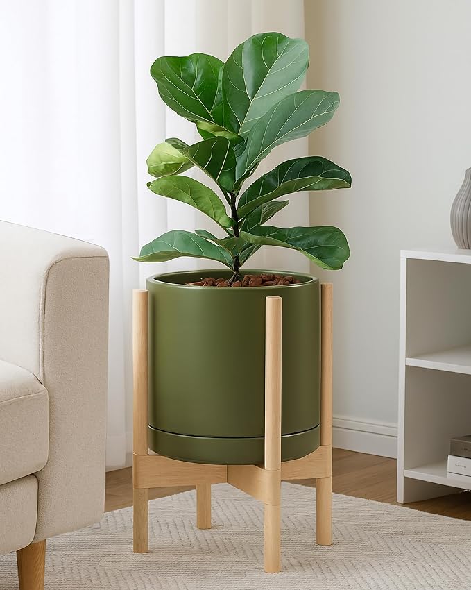 D'vine Dev Ceramic Planter with Natural Stand - 10 Inch Modern Round Flower Pot with Wood Planter Holder, Olive, 55-B-K-J - Bloomnest