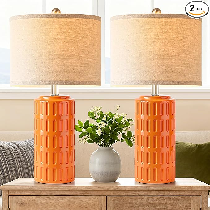 PARTPHONER 23" Farmhouse Modern Ceramic Table Lamp Set of 2 - Orange Bedside Lamps for Bedroom & Living Room, Nightstand, Desk, End Table - Bloomnest