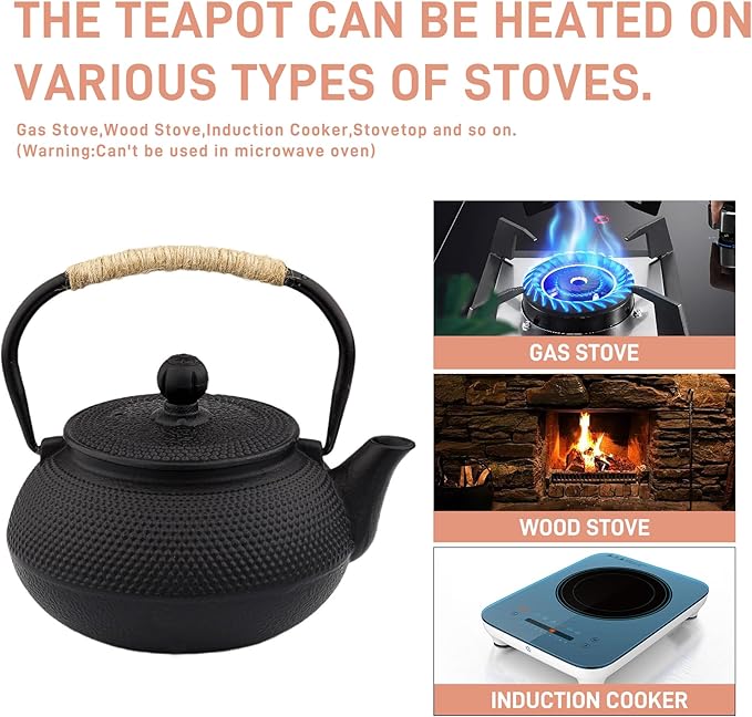 20.3oz Only, Small Tea Kettle for 1-2 Cups, Japanese Tetsubin, Cast Iron Teapot with Stainless Steel Infuser for Loose Leaf & Coffee, Tea Pot for Stovetop Safe, Enamel Interior(Black, 600ml) - Bloomnest