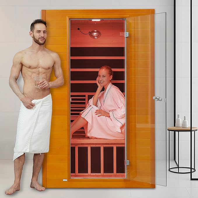 Real Relax Infrared Sauna, 2 Person Low EMF FAR Infrared Saunas for Home, Indoor Personal Canadian Hemlock Wood Sauna with 9 Chromo Therapy Lights, Bluetooth Speakers for Home & Gym Spa RealRelax
