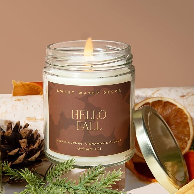 Sweet Water Decor Hello Fall Candle - Cinnamon Apples Cloves & Nutmeg Fall Scented Candle for Home Decor - 100% Cotton Wick Halloween Candle with 40 Hour Burn Time - Made in The USA - 9oz Clear Jar - Bloomnest