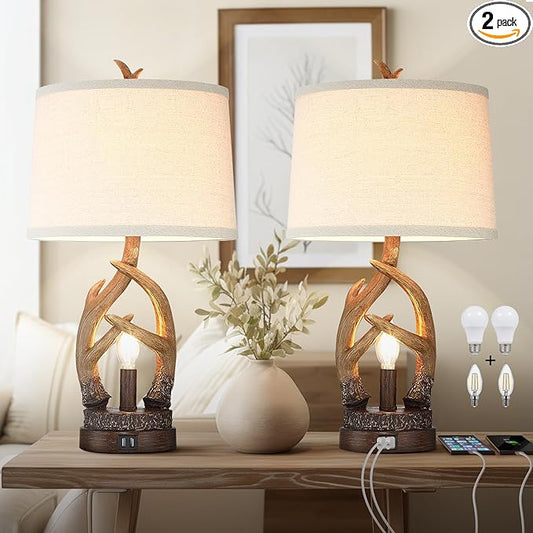 Rustic Table Lamps Farmhouse Antler Lamps Set of 2 Western Bedside Lamps for Bedroom with USB Charging Ports Nightlight,Vintage Resin Nightstand Table Lamps for Living Room (Bulbs Included) - Bloomnest