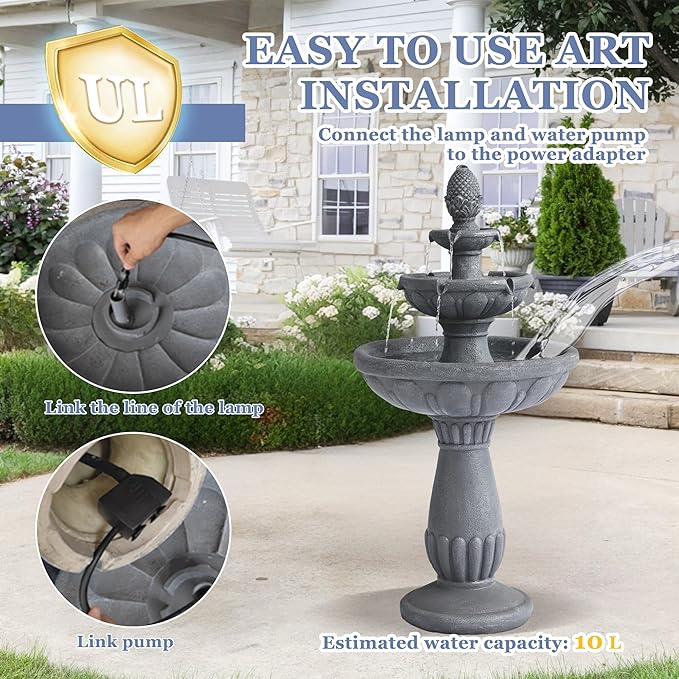 Grepatio Italian Outdoor Water Fountain, 3 Tiers Bubbler Garden Waterfalls Fountains, 40.6" H Tall Roman Pillar Floor Water Fountain for Indoor, Yard, Lawn and Garden Décor - Bloomnest