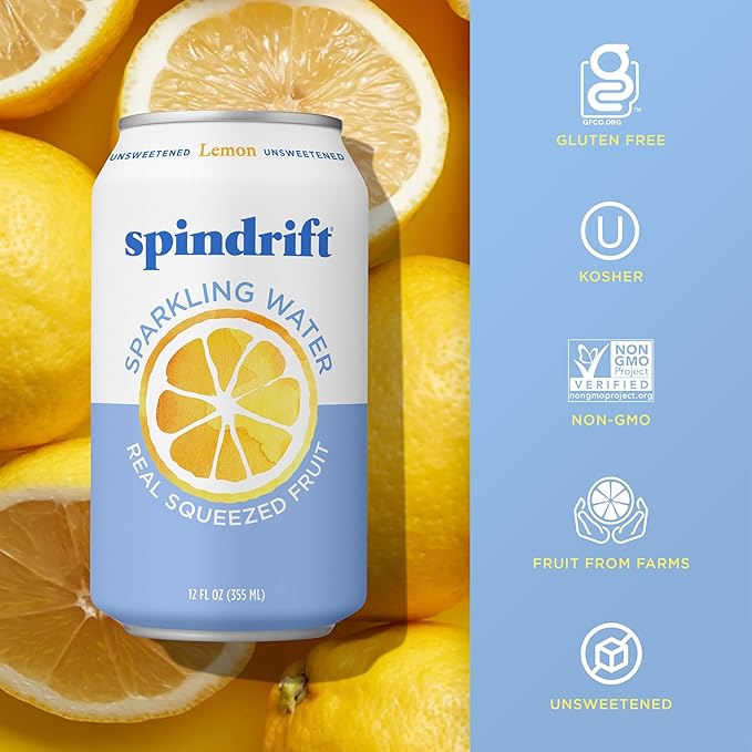 Spindrift Sparkling Water, Lemon Flavored, Made with Real Squeezed Fruit, 12 Fl Oz Cans, Pack of 24 (Only 3 Calories per Can) - Bloomnest