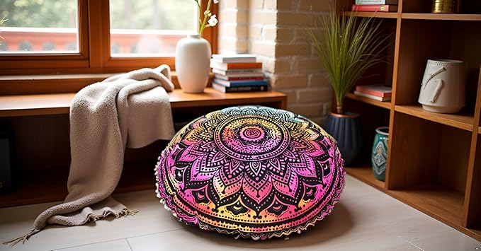 CRAFT KALA Large Round Bohemian Floor Pillow Pouf Cover Mandala Meditation Room Pillow Cover for Adults Boho Seating Poufs Cushion Cover for Kids Playroom 32" Round Multi Ombre - Bloomnest