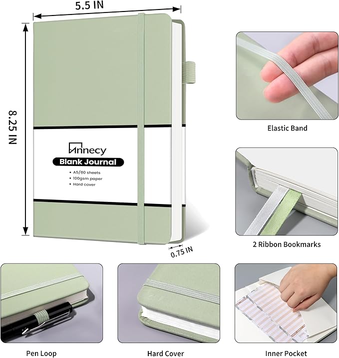 Annecy Blank Journal Notebook, Medium 5.5x 8.25, 160 Pages 100GSM Writing Paper, A5 Grey Green Faux Leather Cover with Pen Loop - Bloomnest