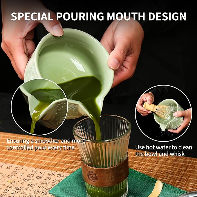 Matcha Bowl and Whisk Set, Ceramic Matcha Set Includes Matcha Bowl with Spout, Whisk & Holder, Bamboo Scoop, Stainless Sifter, Towel, Matcha Kit Making Tools,Light Green,7 PCS - Bloomnest